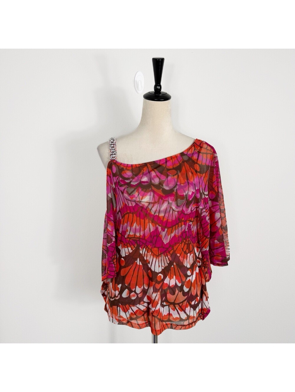 VTG INC Y2K One Shoulder Blouse Top Butterfly Sleeve Fairy Festival Beaded Small